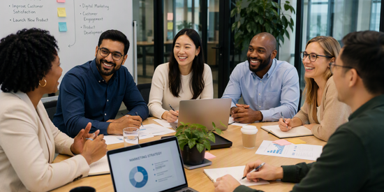 Group of diverse staff members in a board meeting discussing a presentation