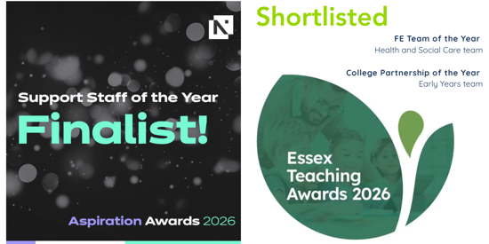 Logos of Essex Teaching Awards and Aspiration Awards for NCFE.